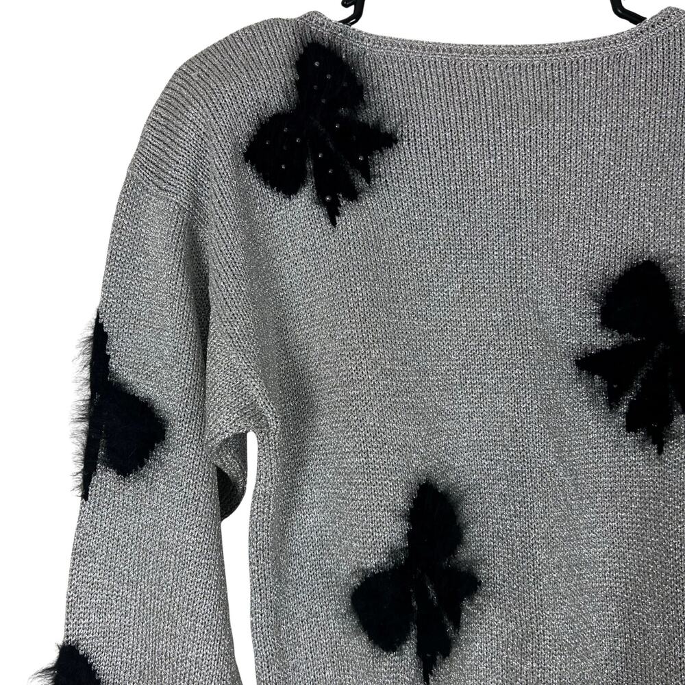 Vintage Smith St. John Metallic Lurex Holiday Sweater Bow Pearl Glam M - Picture 7 of 10